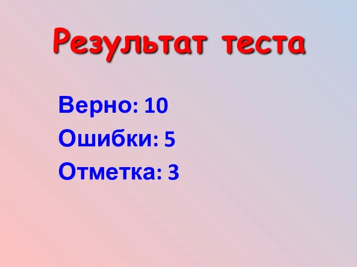 Результат теста Верно: 10 Ошибки: 5 Отметка: 3