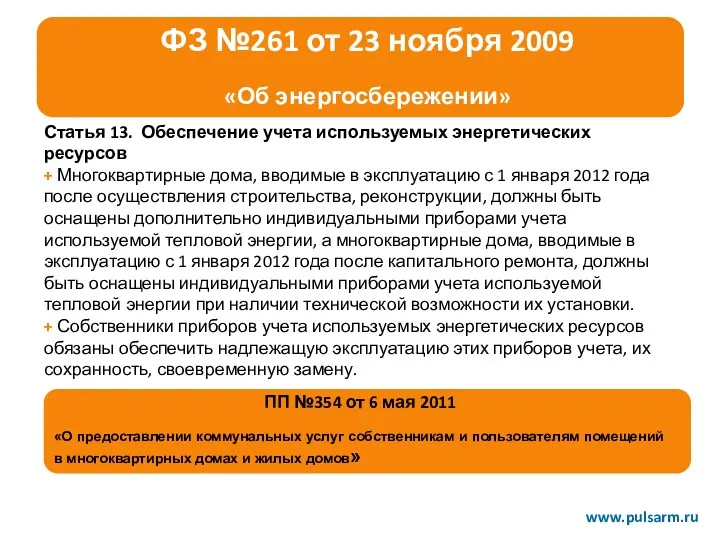 ФЗ №261 от 23 ноября 2009 «Об энергосбережении» www.pulsarm.ru Статья 13. Обеспечение учета