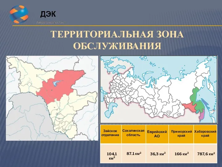 ТЕРРИТОРИАЛЬНАЯ ЗОНА ОБСЛУЖИВАНИЯ 104,1 км2 Зейское отделение 87.1 км2 Сахалинская