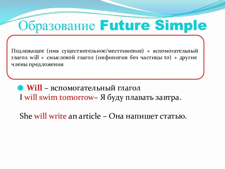 Образование Future Simple Will – вспомогательный глагол I will swim tomorrow– Я буду