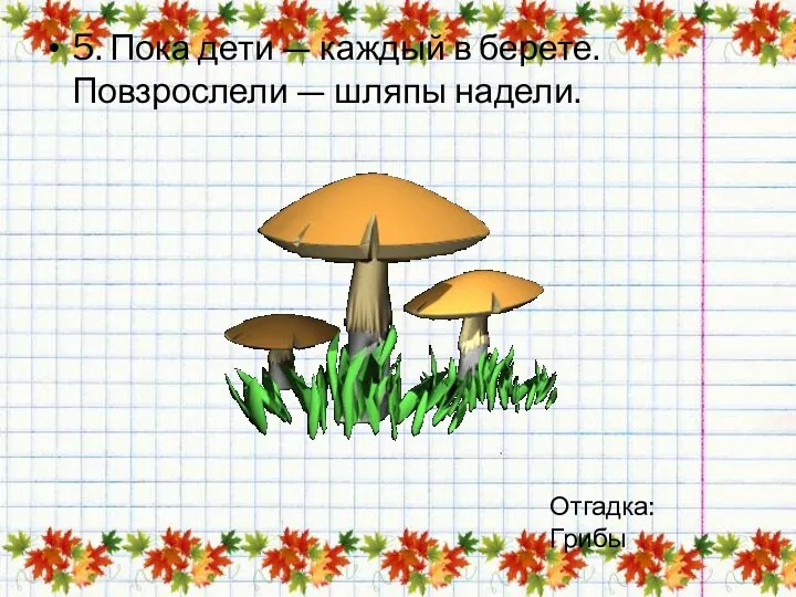 5. Пока дети — каждый в берете. Повзрослели — шляпы надели. Отгадка:Грибы