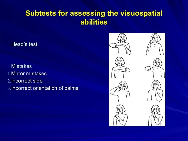 Subtests for assessing the visuospatial abilities Head’s test Mistakes Mirror