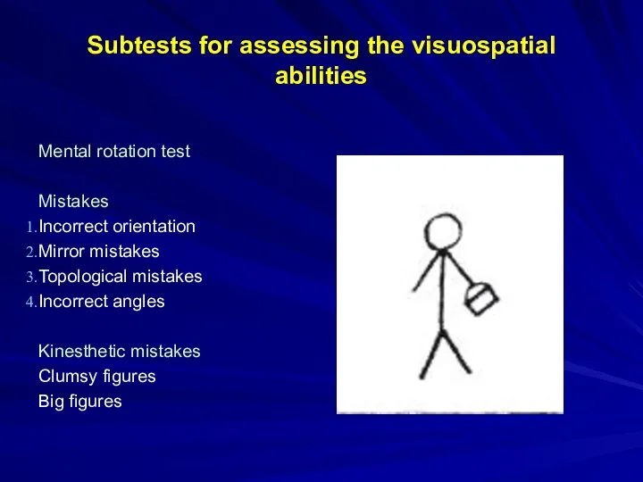 Subtests for assessing the visuospatial abilities Mental rotation test Mistakes