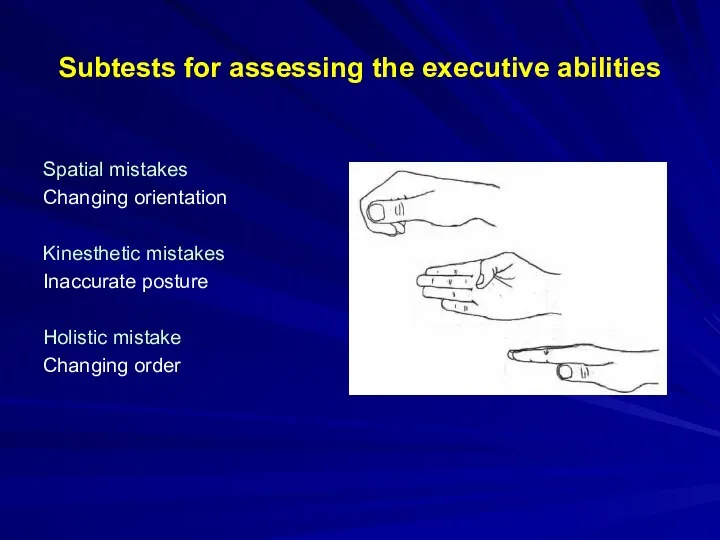 Subtests for assessing the executive abilities Spatial mistakes Changing orientation