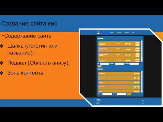 Создание сайта кис Содержание сайта Шапка (Логотип или название); Подвал (Область внизу); Зона контента.