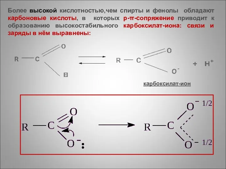 карбоксилат-ион Более высокой кислотностью,чем спирты и фенолы обладают карбоновые кислоты,