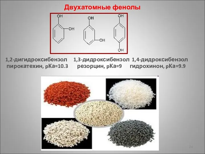 Двухатомные фенолы 1,2-дигидроксибензол 1,3-дидроксибензол 1,4-дидроксибензол пирокатехин, pКа=10.3 резорцин, pКа=9 гидрохинон, pКа=9.9