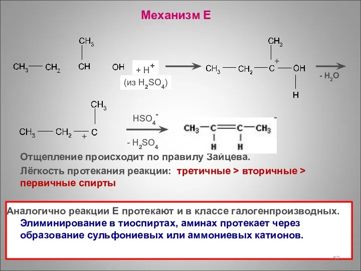 Механизм Е Отщепление происходит по правилу Зайцева. Лёгкость протекания реакции: