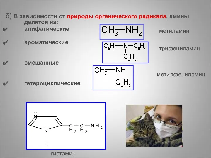 б) В зависимости от природы органического радикала, амины делятся на: