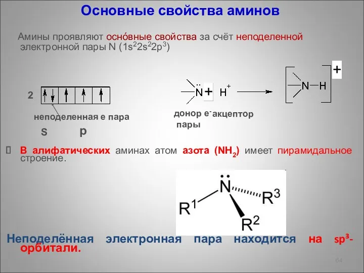 Основные свойства аминов Амины проявляют оснóвные свойства за счёт неподеленной