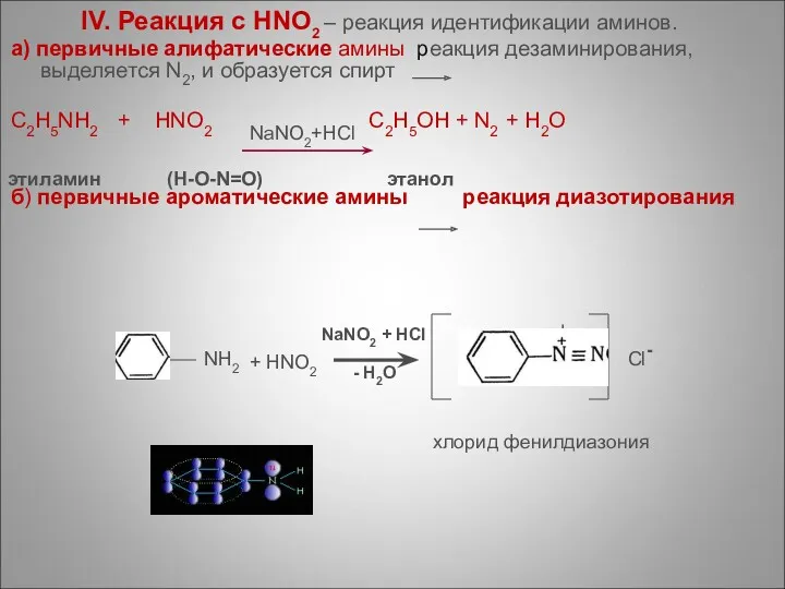 IV. Реакция с HNO2 – реакция идентификации аминов. а) первичные