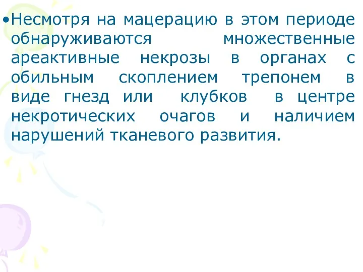 Несмотря на мацерацию в этом периоде обнаруживаются множественные ареактивные некрозы