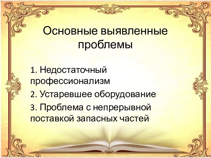 Основные выявленные проблемы 1. Недостаточный профессионализм 2. Устаревшее оборудование 3. Проблема с непрерывной поставкой запасных частей