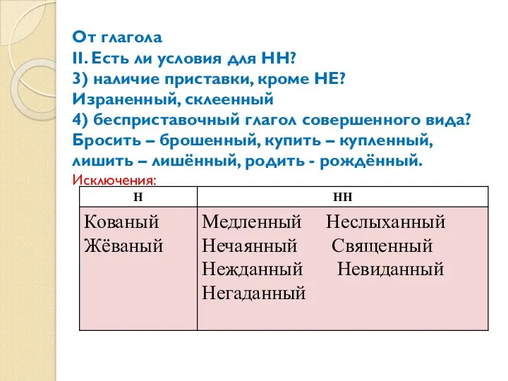 От глагола II. Есть ли условия для НН? 3) наличие