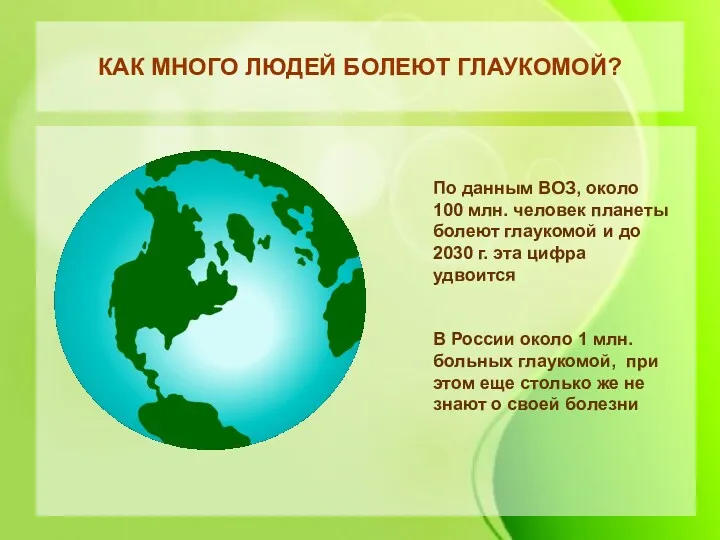 КАК МНОГО ЛЮДЕЙ БОЛЕЮТ ГЛАУКОМОЙ? По данным ВОЗ, около 100