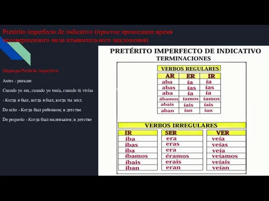 Pretérito imperfecto de indicativo (простое прошедшее время несовершенного вида изъявительного наклонения) Маркеры Pretérito