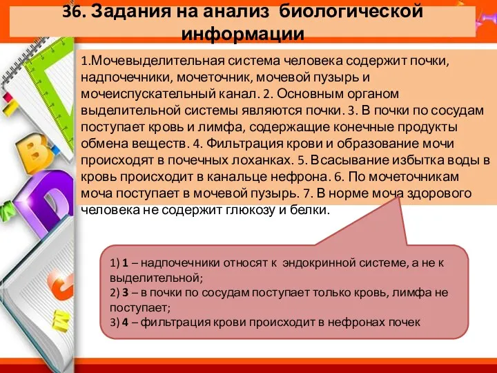 36. Задания на анализ биологической информации 1.Мочевыделительная система человека содержит