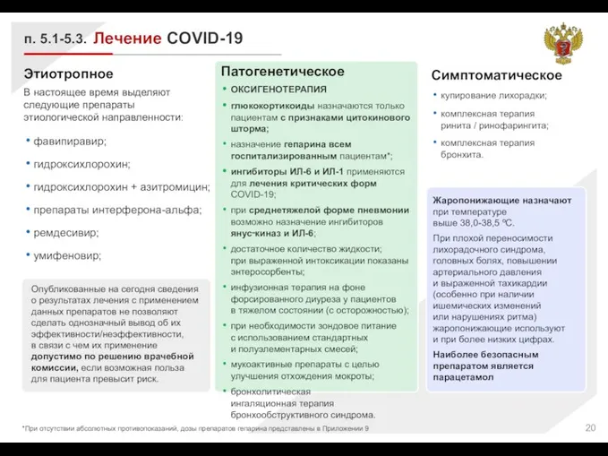 Лечение COVID-19 п. 5.1-5.3. Этиотропное В настоящее время выделяют следующие