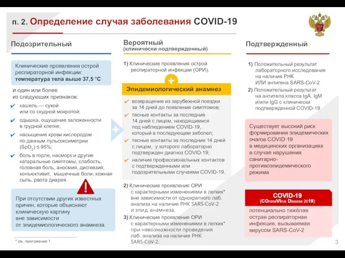 Определение случая заболевания COVID-19 п. 2. Подозрительный Вероятный (клинически подтвержденный)