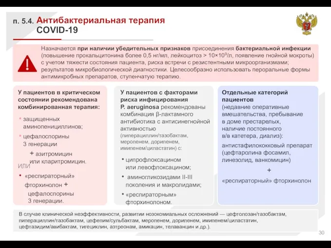 Антибактериальная терапия COVID-19 п. 5.4. Назначается при наличии убедительных признаков