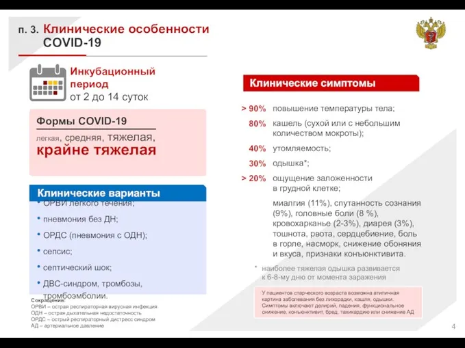 Клинические особенности COVID-19 п. 3. Формы COVID-19 легкая, средняя, тяжелая,