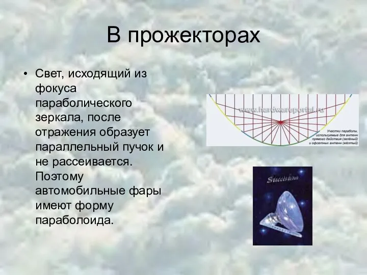 В прожекторах Свет, исходящий из фокуса параболического зеркала, после отражения