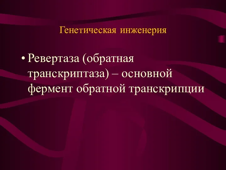 Генетическая инженерия Ревертаза (обратная транскриптаза) – основной фермент обратной транскрипции