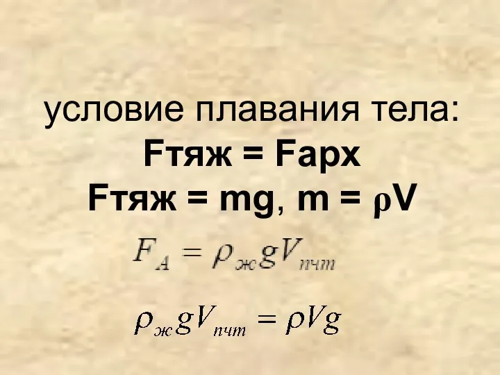 условие плавания тела: Fтяж = Fарх Fтяж = mg, m = ρV «Секрет» плавучести железных кораблей.