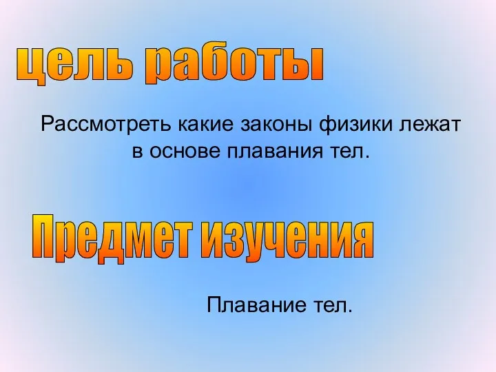 Рассмотреть какие законы физики лежат в основе плавания тел. цель работы Предмет изучения Плавание тел.