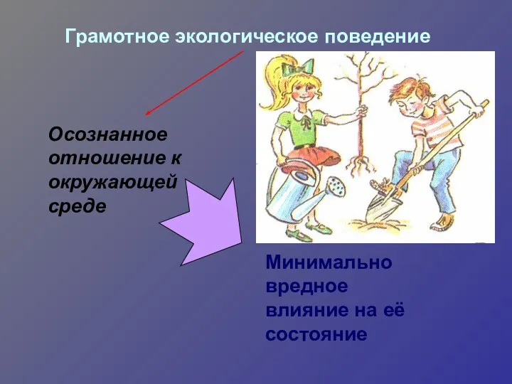 Грамотное экологическое поведение Осознанное отношение к окружающей среде Минимально вредное влияние на её состояние