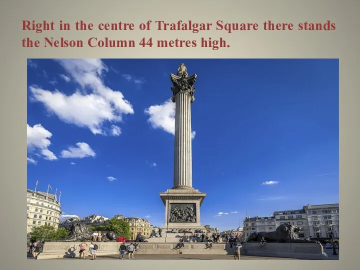 Right in the centre of Trafalgar Square there stands the Nelson Column 44 metres high.