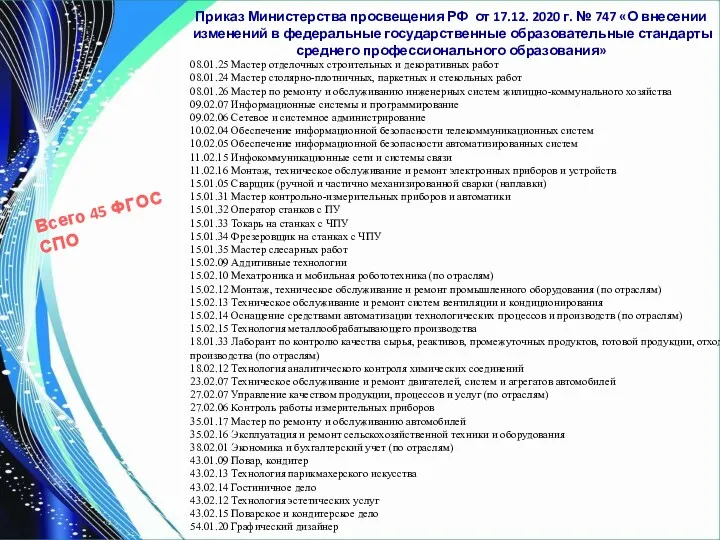 Приказ Министерства просвещения РФ от 17.12. 2020 г. № 747
