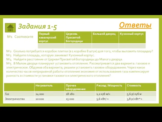 Задания 1-5 №1 Соотнесите №2 Сколько потребуется коробок плитки (в