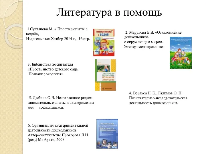 Литература в помощь 1.Султанова М. « Простые опыты с водой»,