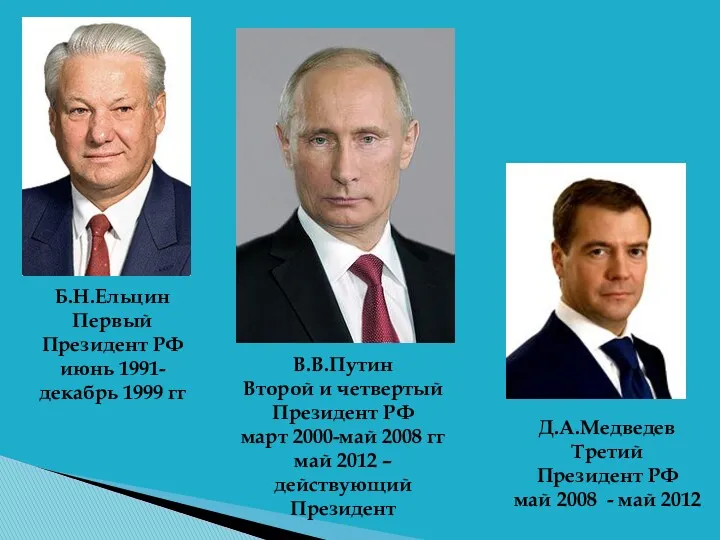 Б.Н.Ельцин Первый Президент РФ июнь 1991-декабрь 1999 гг В.В.Путин Второй и четвертый Президент
