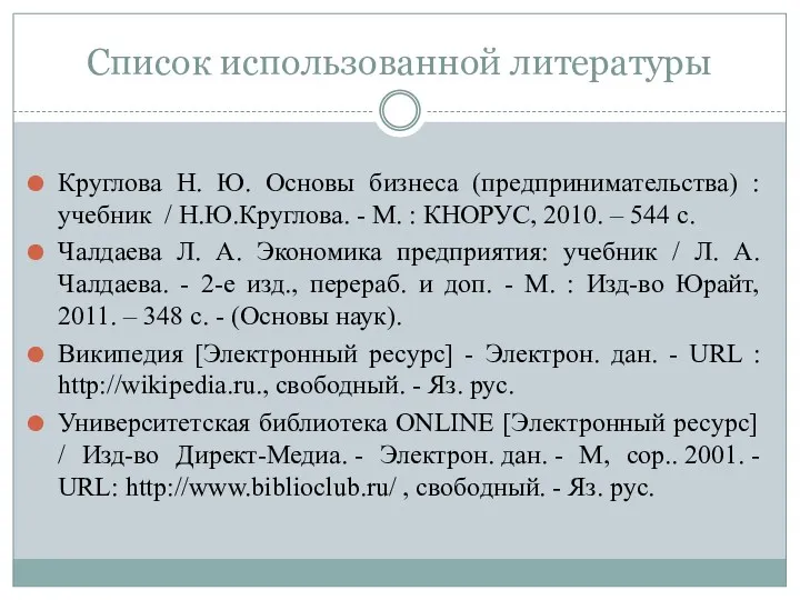 Список использованной литературы Круглова Н. Ю. Основы бизнеса (предпринимательства) :