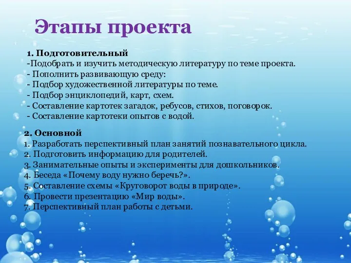 1. Подготовительный -Подобрать и изучить методическую литературу по теме проекта.