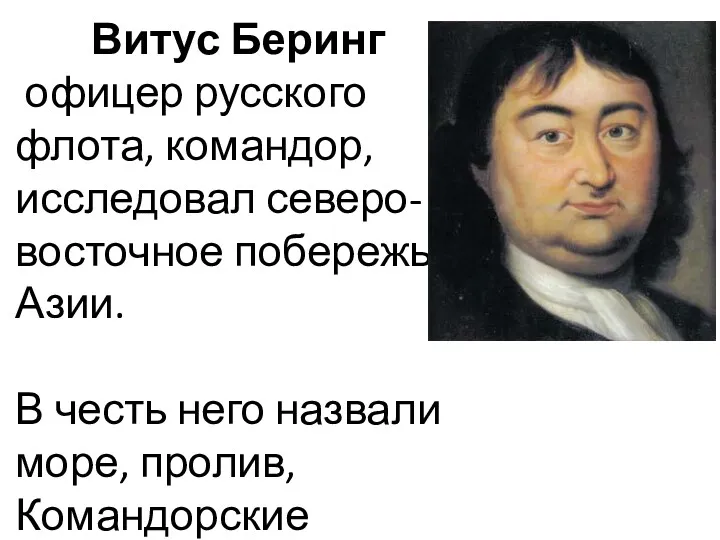 Витус Беринг офицер русского флота, командор, исследовал северо-восточное побережье Азии.