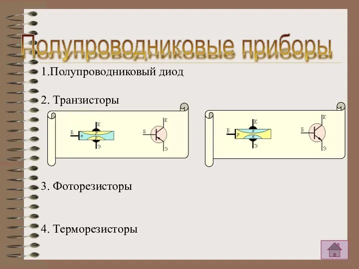 1.Полупроводниковый диод 2. Транзисторы 3. Фоторезисторы 4. Терморезисторы Полупроводниковые приборы