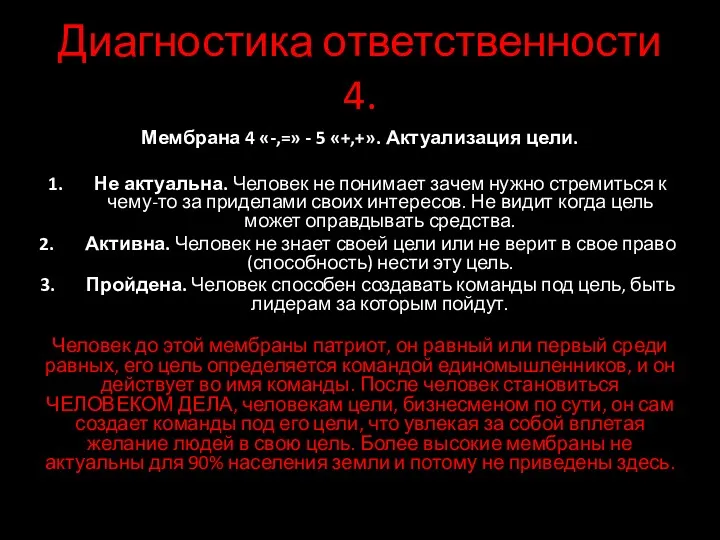 Диагностика ответственности 4. Мембрана 4 «-,=» - 5 «+,+». Актуализация