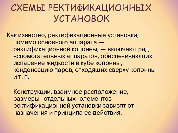 СХЕМЫ РЕКТИФИКАЦИОННЫХ УСТАНОВОК Как известно, ректификационные установки, помимо основного аппарата