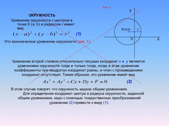 ОКРУЖНОСТЬ Уравнение окружности с центром в точке S (a; b) и радиусом r
