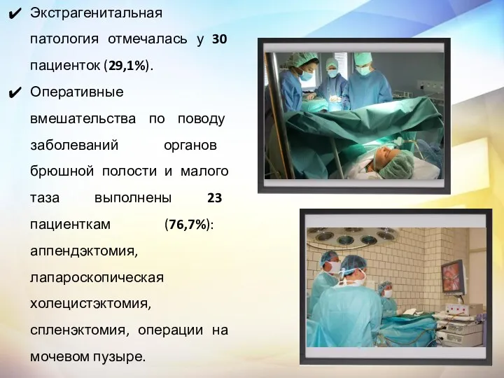 Экстрагенитальная патология отмечалась у 30 пациенток (29,1%). Оперативные вмешательства по