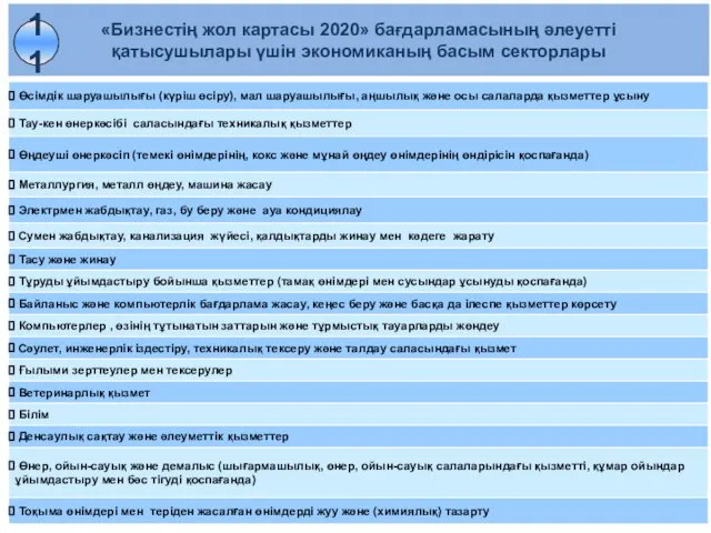 «Бизнестің жол картасы 2020» бағдарламасының әлеуетті қатысушылары үшін экономиканың басым секторлары 11
