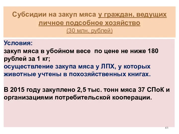 Субсидии на закуп мяса у граждан, ведущих личное подсобное хозяйство (30 млн. рублей)
