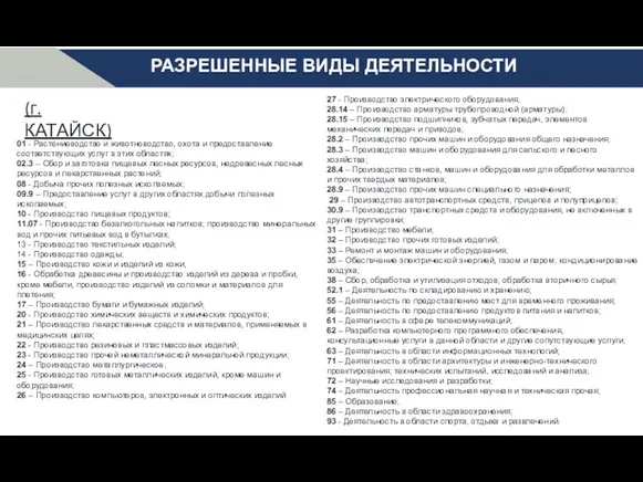 РАЗРЕШЕННЫЕ ВИДЫ ДЕЯТЕЛЬНОСТИ (г. КАТАЙСК) 01 - Растениеводство и животноводство,