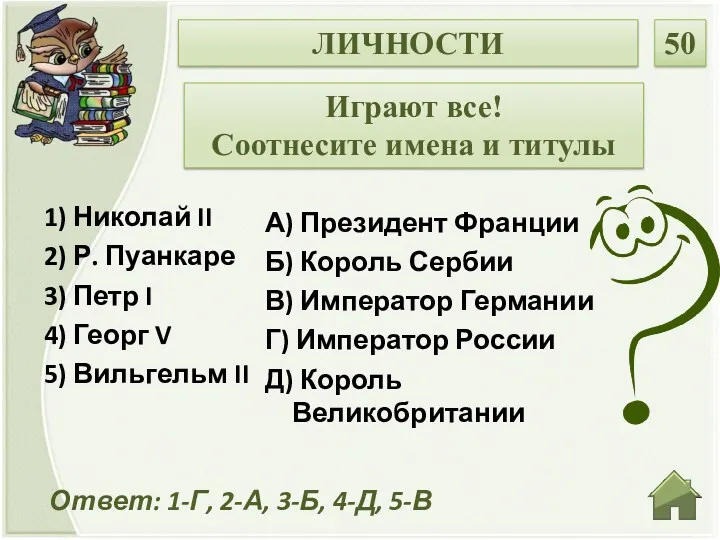 Ответ: 1-Г, 2-А, 3-Б, 4-Д, 5-В ЛИЧНОСТИ 50 Играют все!