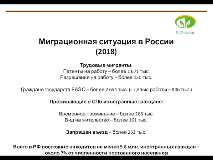 Миграционная ситуация в России (2018) Трудовые мигранты: Патенты на работу – более 1