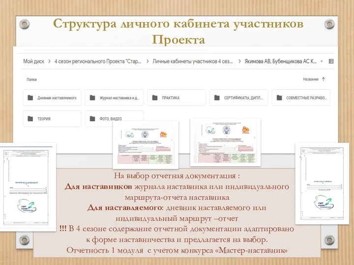 Структура личного кабинета участников Проекта На выбор отчетная документация :