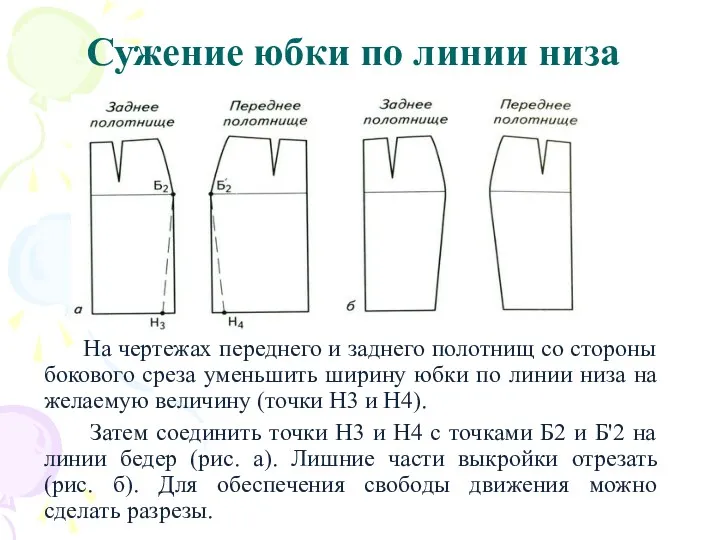 Сужение юбки по линии низа На чертежах переднего и заднего